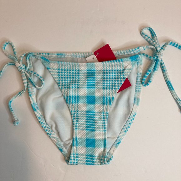 Xhilaration String Bikini Bottom Cheeky Swim Turquoise White Plaid Side Ties - Picture 2 of 4